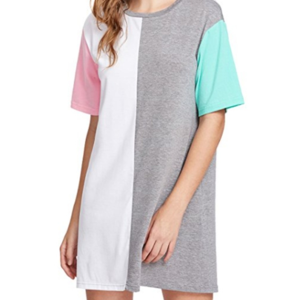 Women's Color Block Cut & Sew Round Neck Tee Dress - Picture 3 of 6